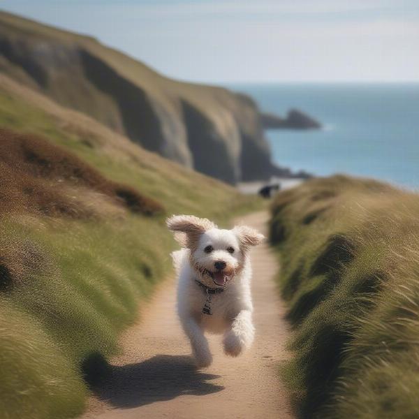 A dog enjoying a walk along the scenic Cornish coastline.