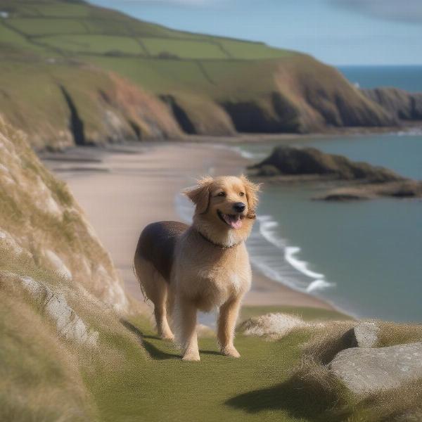 Dog walking along the Devon Coast Path