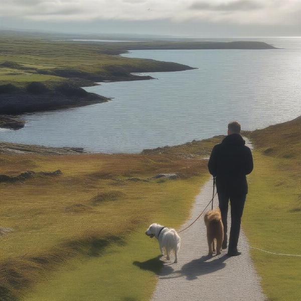 Dog walking along the Galway coast with its owner.