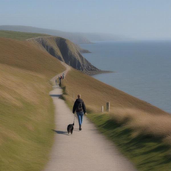 Dog walking along the North Wales coastal path with scenic ocean views.