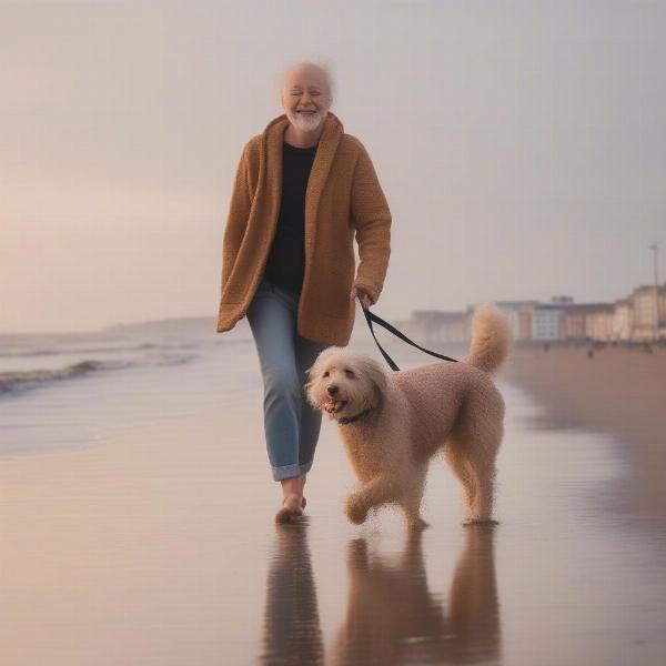 Dog enjoying a walk on Blackpool beach with the owner.