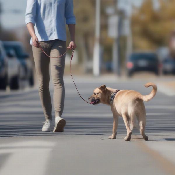 Dog Walking on Leash Near Road