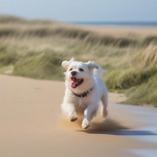 A dog running and playing on a sandy beach in North Norfolk.