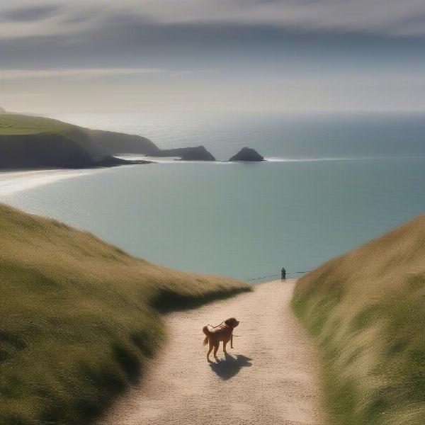 Dog walking along the coastal path near Portreath Beach