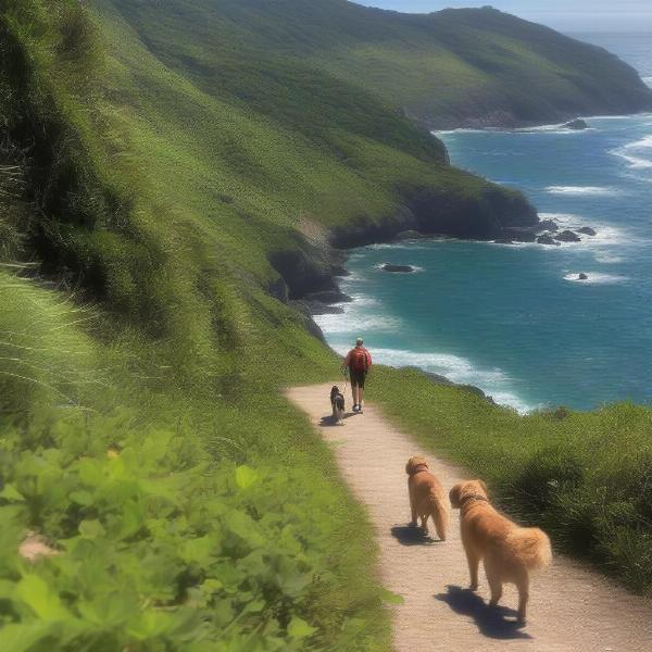 A dog walking on a scenic hiking trail on the Central Coast.