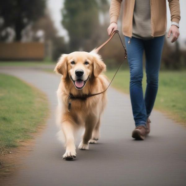 Dog walking politely beside owner