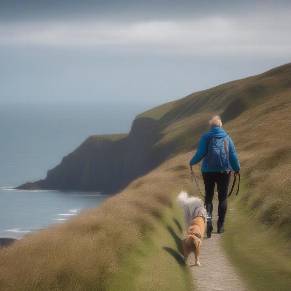 Dog walking on the South West Coast Path in Cornwall