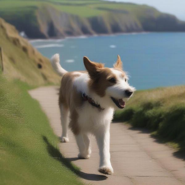 Dog walking along the scenic South West Coast Path in Dartmouth with stunning coastal views.