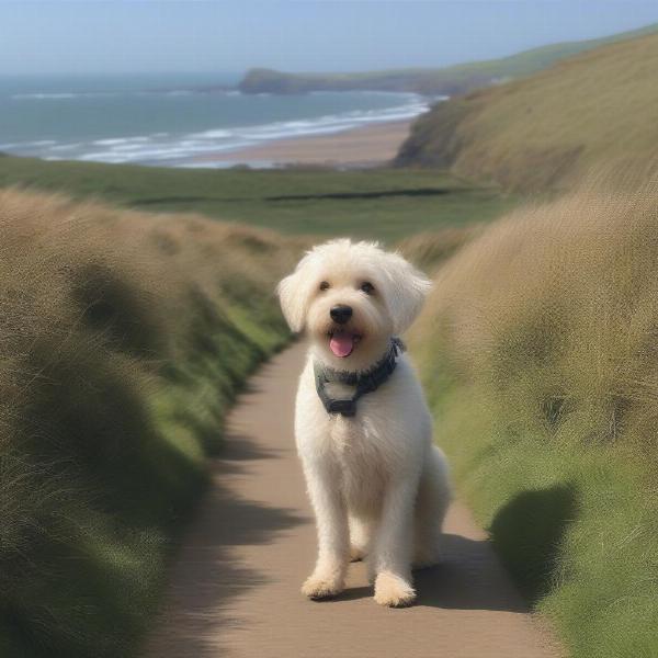 Dog walking on the scenic South West Coast Path near Bude, Cornwall.