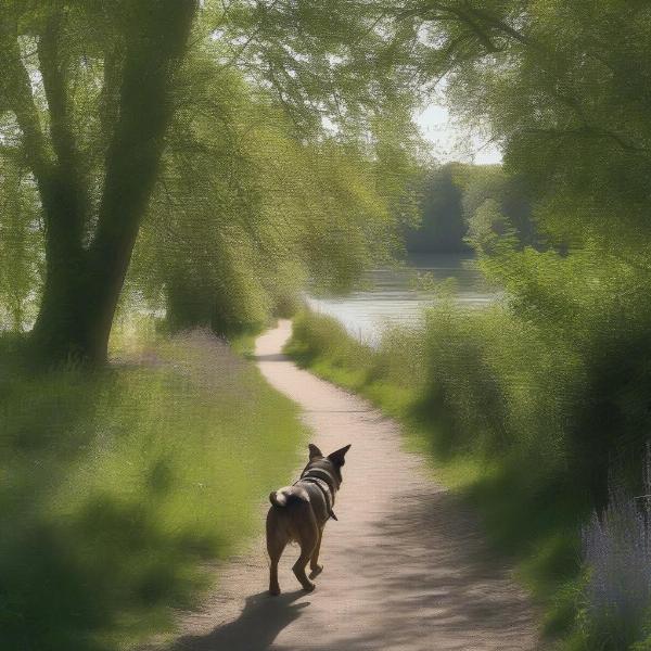 Walking a dog along the Thames Path near Henley-on-Thames.