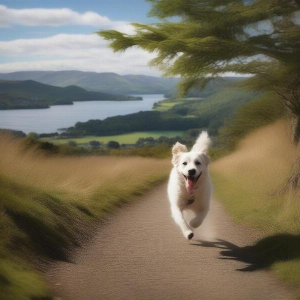 Dog enjoying a walk on a scenic trail by Lake Windermere