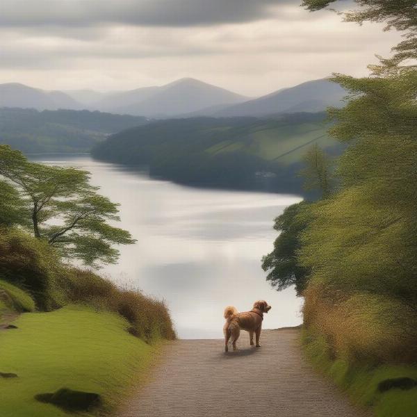 Scenic dog-walking trails around Lake Windermere with stunning views of the lake and surrounding fells.