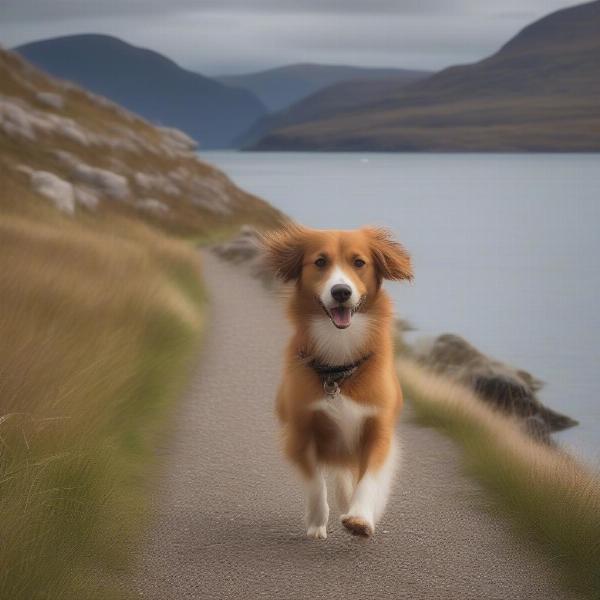 A scenic walking trail along the coast near Ullapool, with a dog enjoying the view.