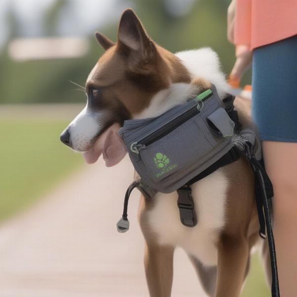 Dog walking waist pack with various compartments and attached poop bag dispenser.