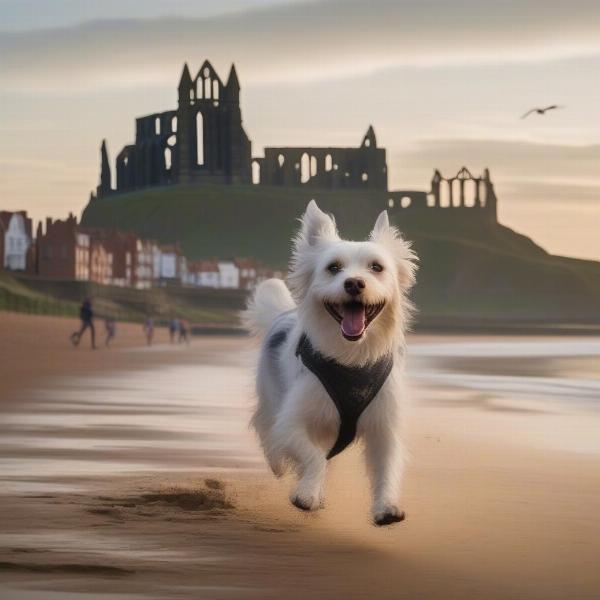 Dog enjoying a walk on Whitby beach