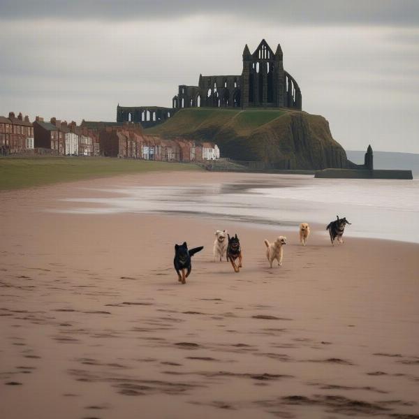 Dog walking on Whitby beach