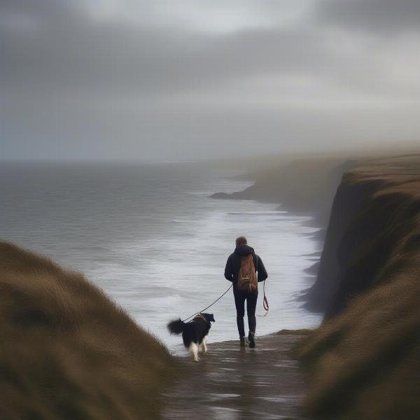 Dog walking along the Whitby coast