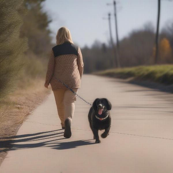 Dog walking calmly on a leash with a barrel collar