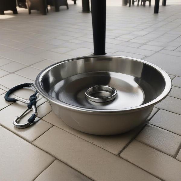 A dog's water bowl on a restaurant patio