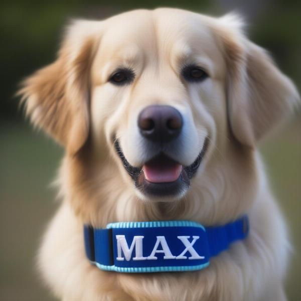 Dog wearing a personalized nylon collar with embroidered name