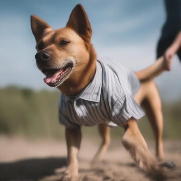 A dog wearing a shirt outdoors