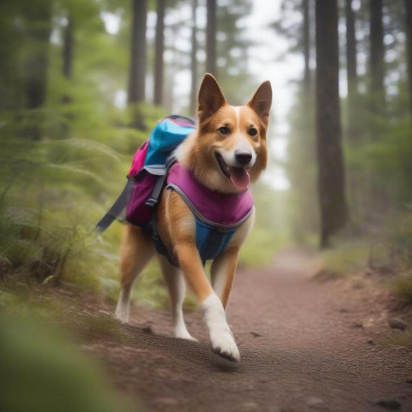 Dog wearing a backpack on a hiking trail