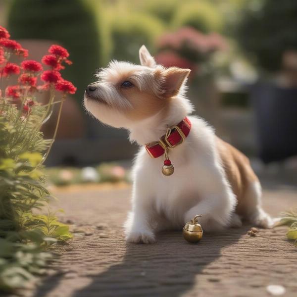 Dog wearing a bell collar in the garden