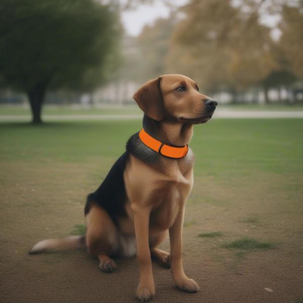 Dog with a blaze orange collar in a park