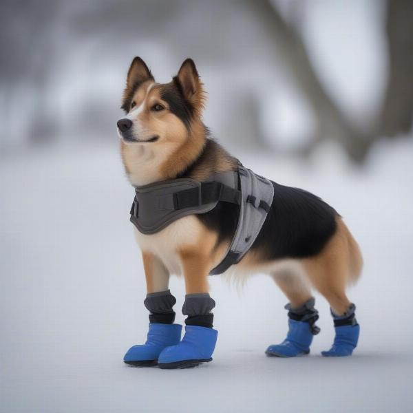 Dog wearing booties for paw protection