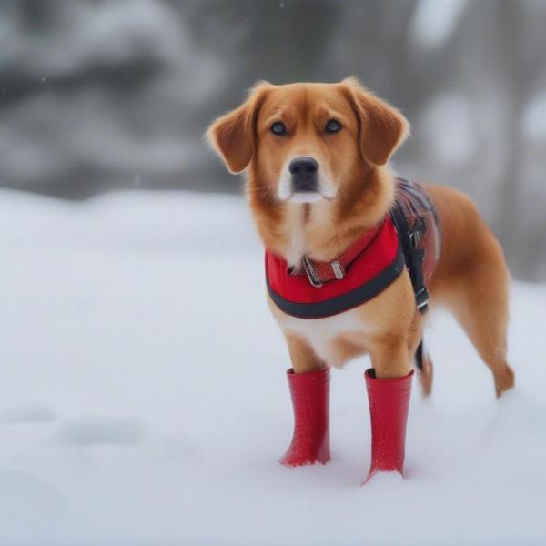 Dog wearing boots in winter