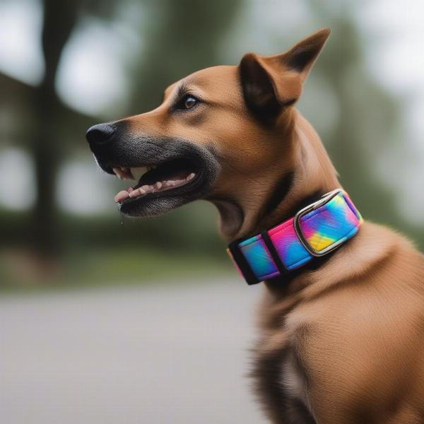 A dog happily wearing a chew proof collar.