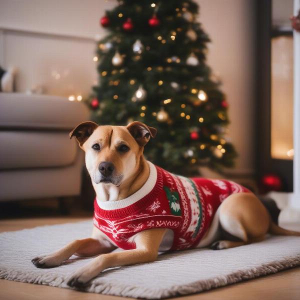 Dog wearing a Christmas jumper indoors