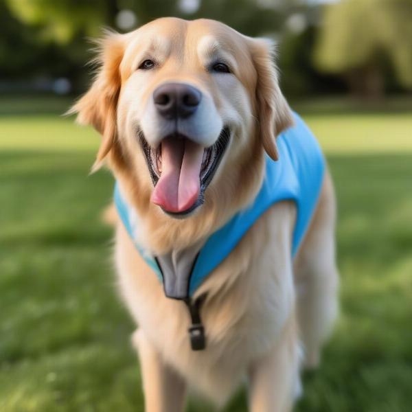 Dog wearing a blue cooling jacket in the summer heat