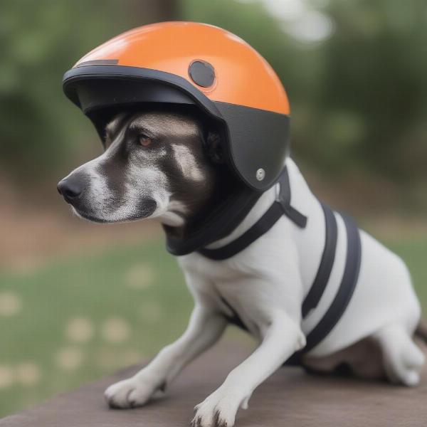 Dog wearing custom helmet for head injury