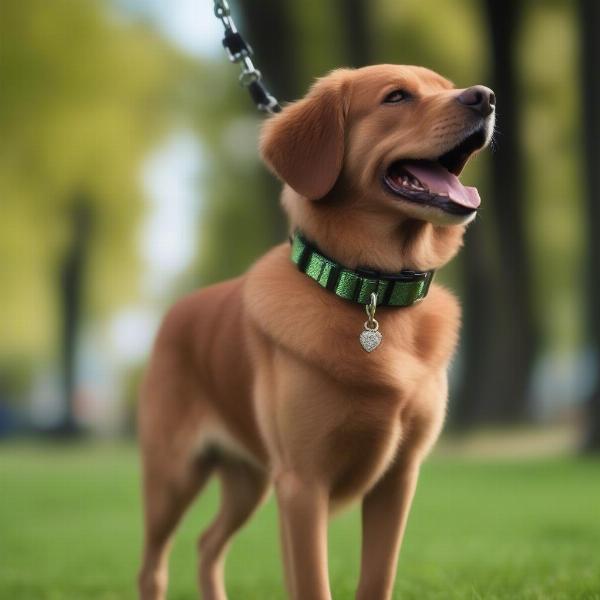 Dog wearing a diamond collar walking in a park