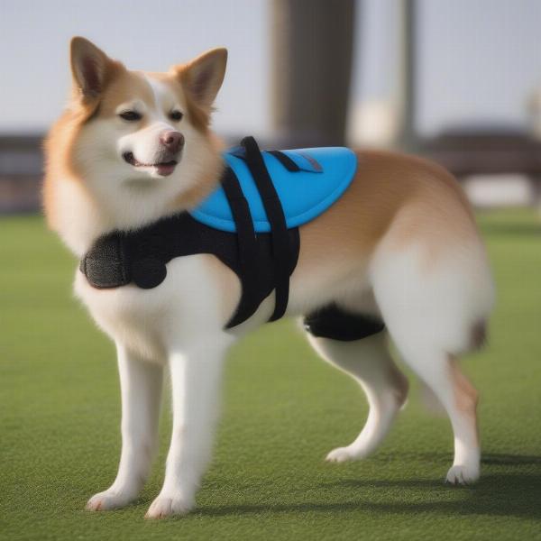 A dog comfortably wearing a double knee brace.