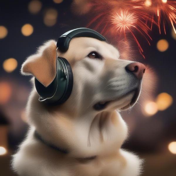 Dog Wearing Ear Defenders During Fireworks