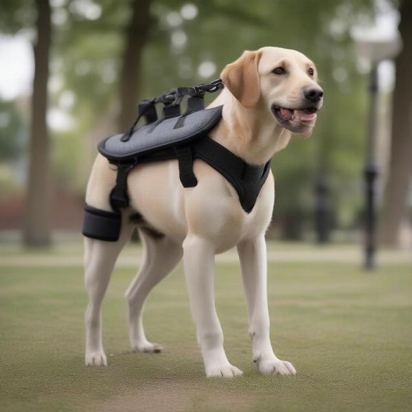 Dog wearing elbow pads on a walk