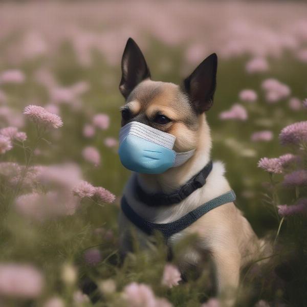 Dog wearing a face mask for allergy protection