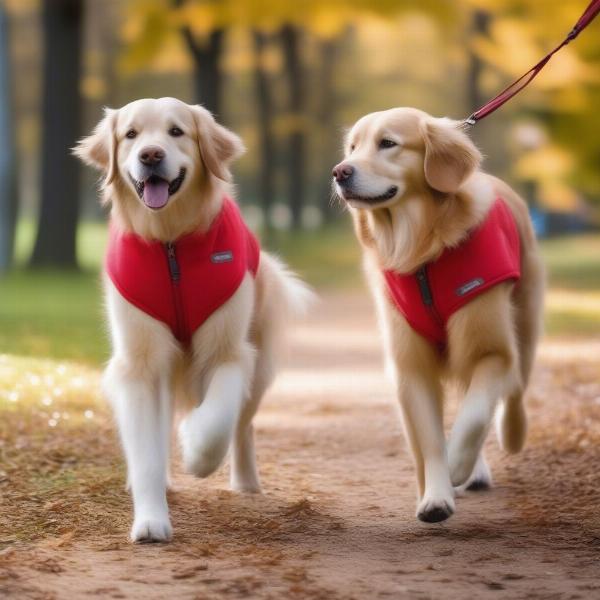 A dog wearing a fleece vest enjoying an outdoor walk