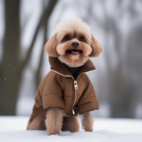 Dog Wearing a Fur Jacket in Snowy Weather