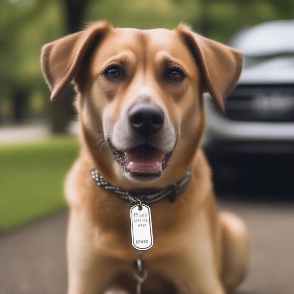 A dog proudly wearing a German dog tag on its collar.