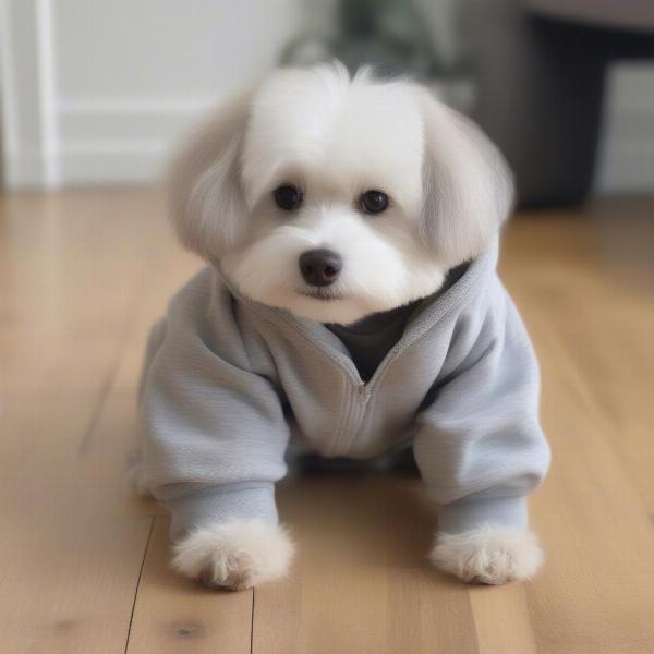 Dog wearing grey sweatpants