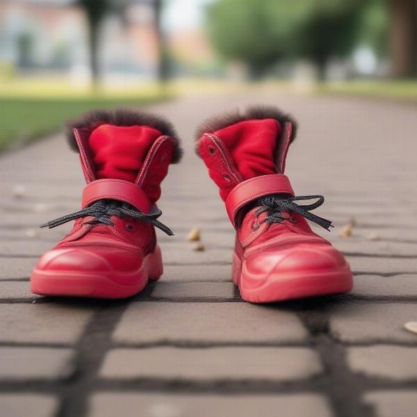 Dog wearing grooming shoes on pavement