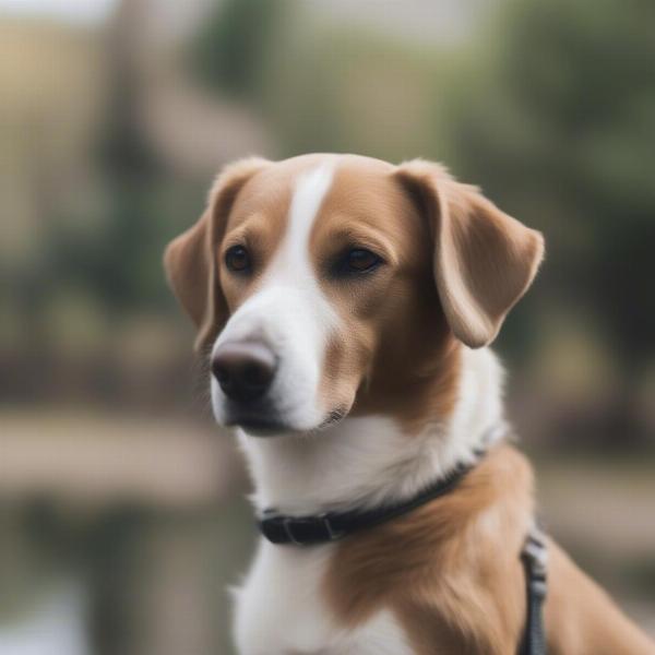 A dog wearing a halti head collar correctly.