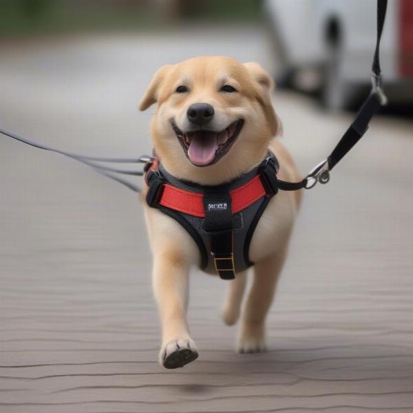 A dog wearing a harness while walking