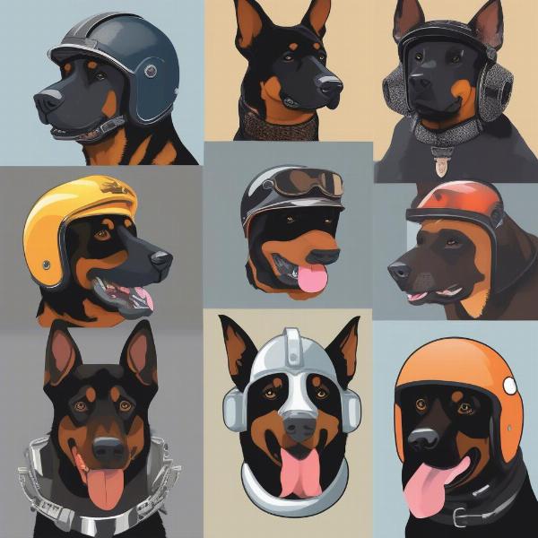 Different dog breeds wearing helmets