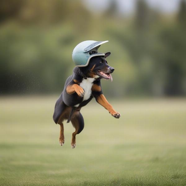 Dog Wearing Helmet Playing Frisbee