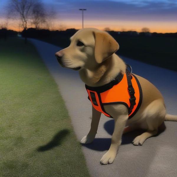 Dog wearing a hi vis harness at night