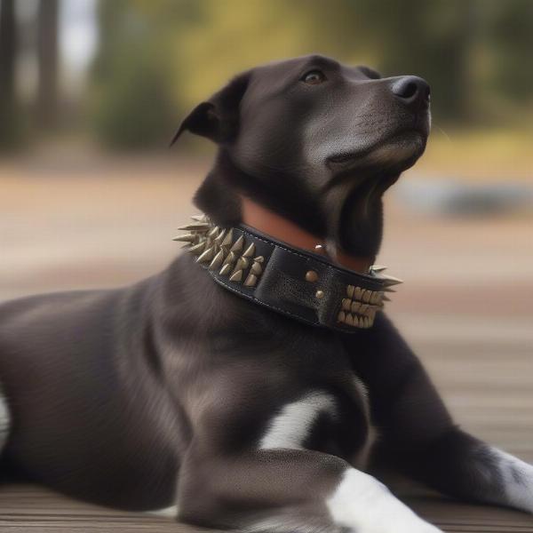 A dog wearing a properly fitted leather spike dog collar.